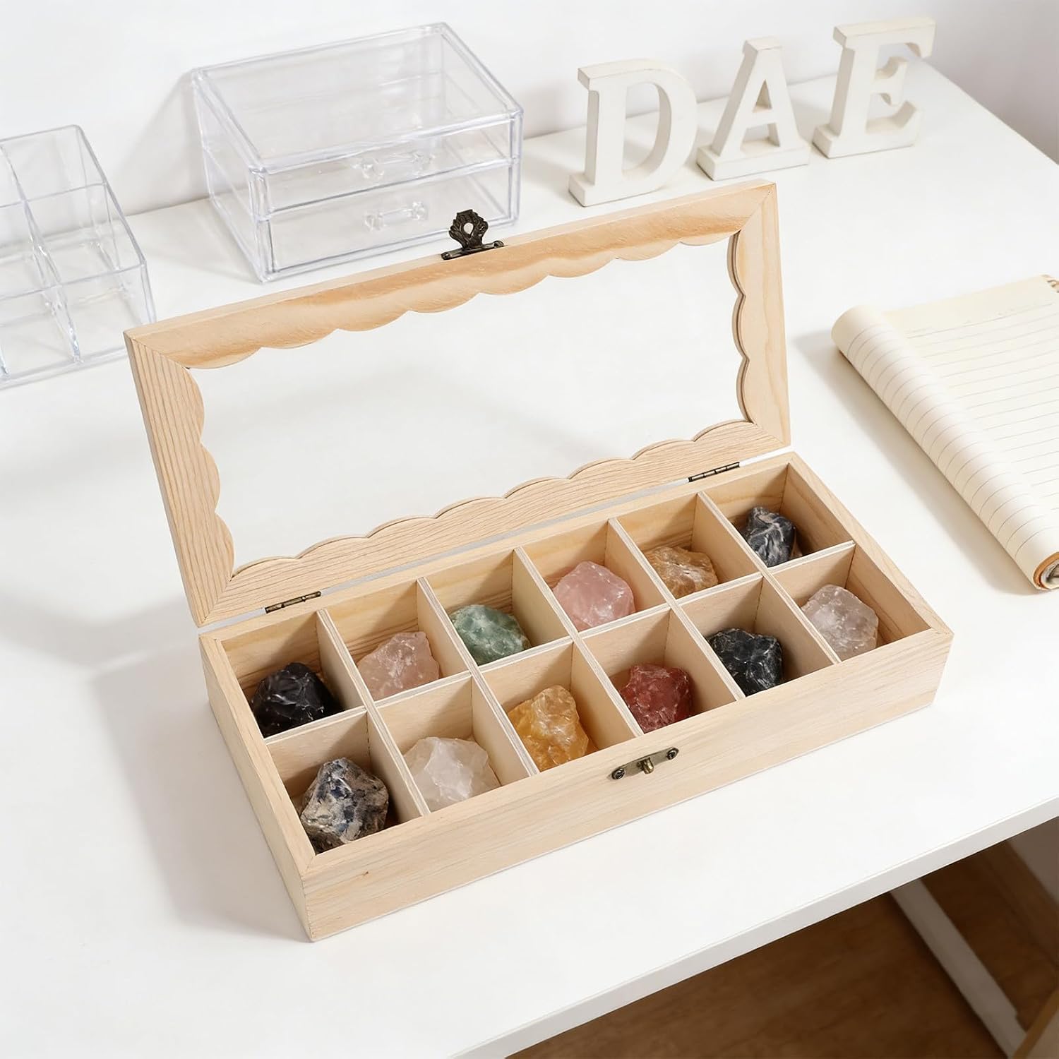 Garneck Wooden Specimen Box with Lid for Mineral Collection Display | Glass Cover, Multiple Compartments, Portable Organizer for Jewelry and Antique Keepsakes, Rustic Desktop Storage