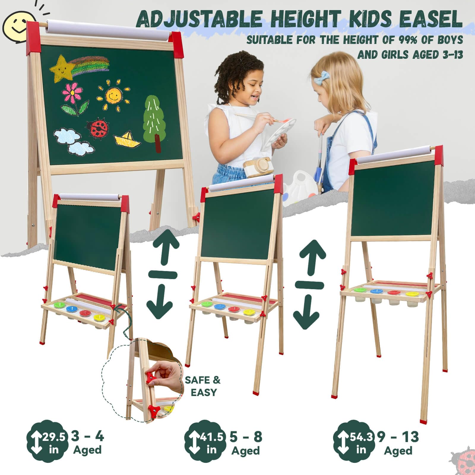 Caballete para niños, caballete de arte de madera ajustable para niños, más de 114 suministros de arte, pizarra magnética de doble cara y pizarra blanca para niños, dibujo y pintura para niños de 2 a 4