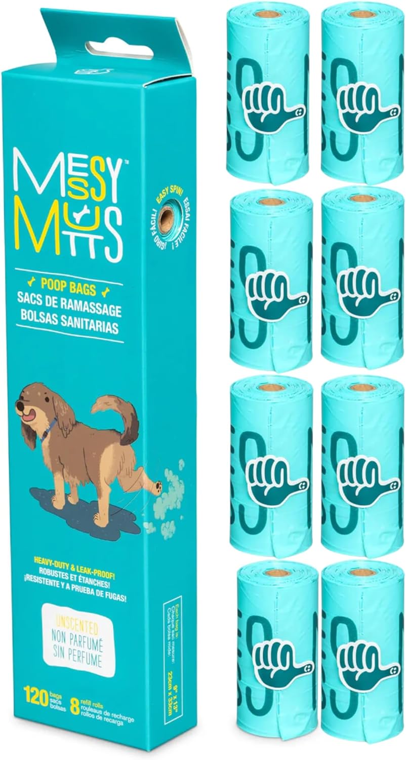 Messy Mutts Advanced BioRecycle™ Poop Bags | 120 Bags (8 Refill Rolls) | Dog Poop Bag Roll | Unscented Dog Waste Bags