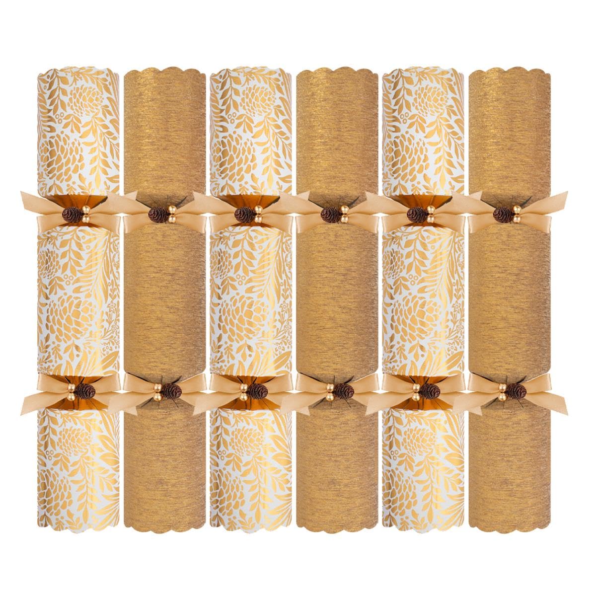 Yöl Gold Glitter Pack Of 6 Exquisite Christmas Crackers - 13.5" Metallic White Festive Holly Foliage Xmas Holiday Dinner Table Decorations - Novelty Fun Prizes Gifts Contains Hats Jokes
