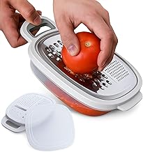 Rallador de cocina con recipiente y tapa. Rallador profesional con 3 cuchillas diferentes y depósito de alimentos. Rallador con deposito multiusos para queso, verduras, tomate, zanahoria, trufa (A)