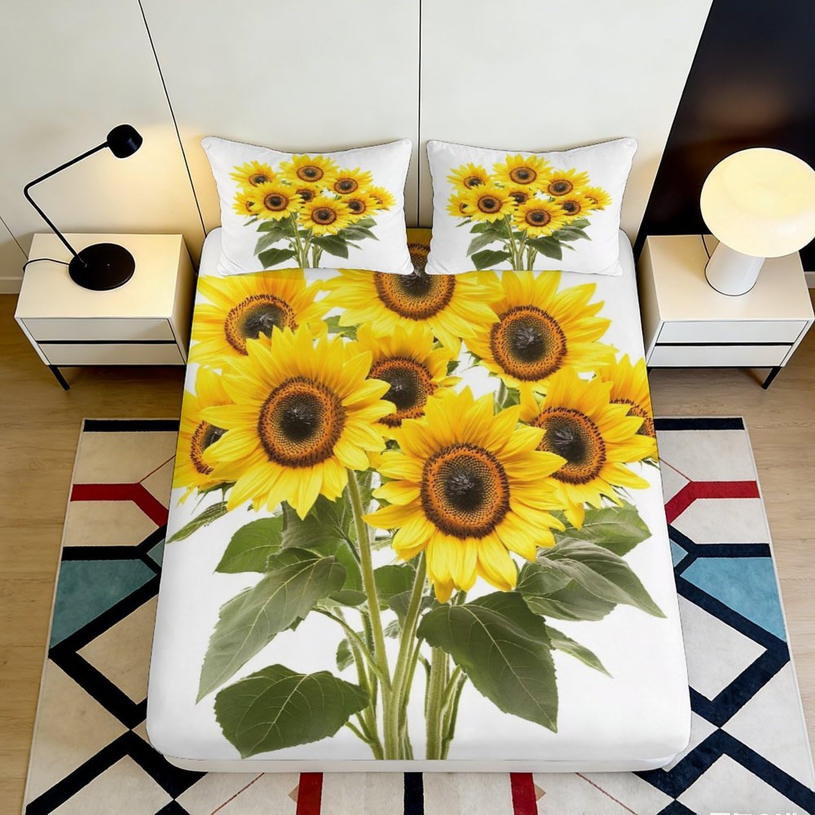 3D Printed Sunflower Bloom Fitted Sheet Microfiber Soft Mattress Cover Yellow Floral Decor for Bedroom Guest Room 200x200x25cm