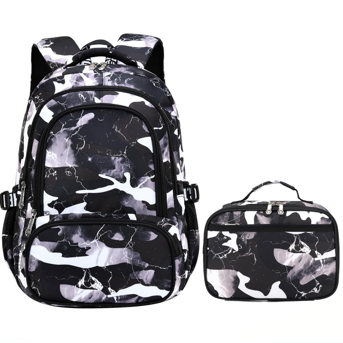 Camo Backpack Set with Lunch Bag Lightweight Waterproof School Backpack  Bookbag for Boys Girls (A-Style Camo Black)