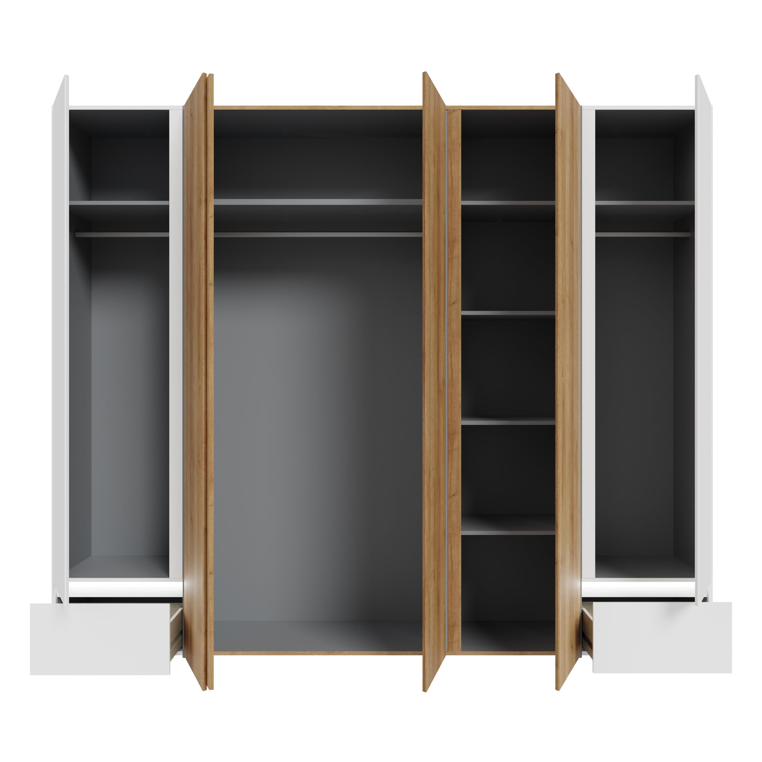 Forte LENYBELARDO Kleiderschrank 250, Moderner Dreh-/Schwebetürenschrank mit 4 Türen, Holzwerkstoff, Riviera Eiche/Weiß, 250 cm breit, 210,5 cm hoch, 54,2 cm tief