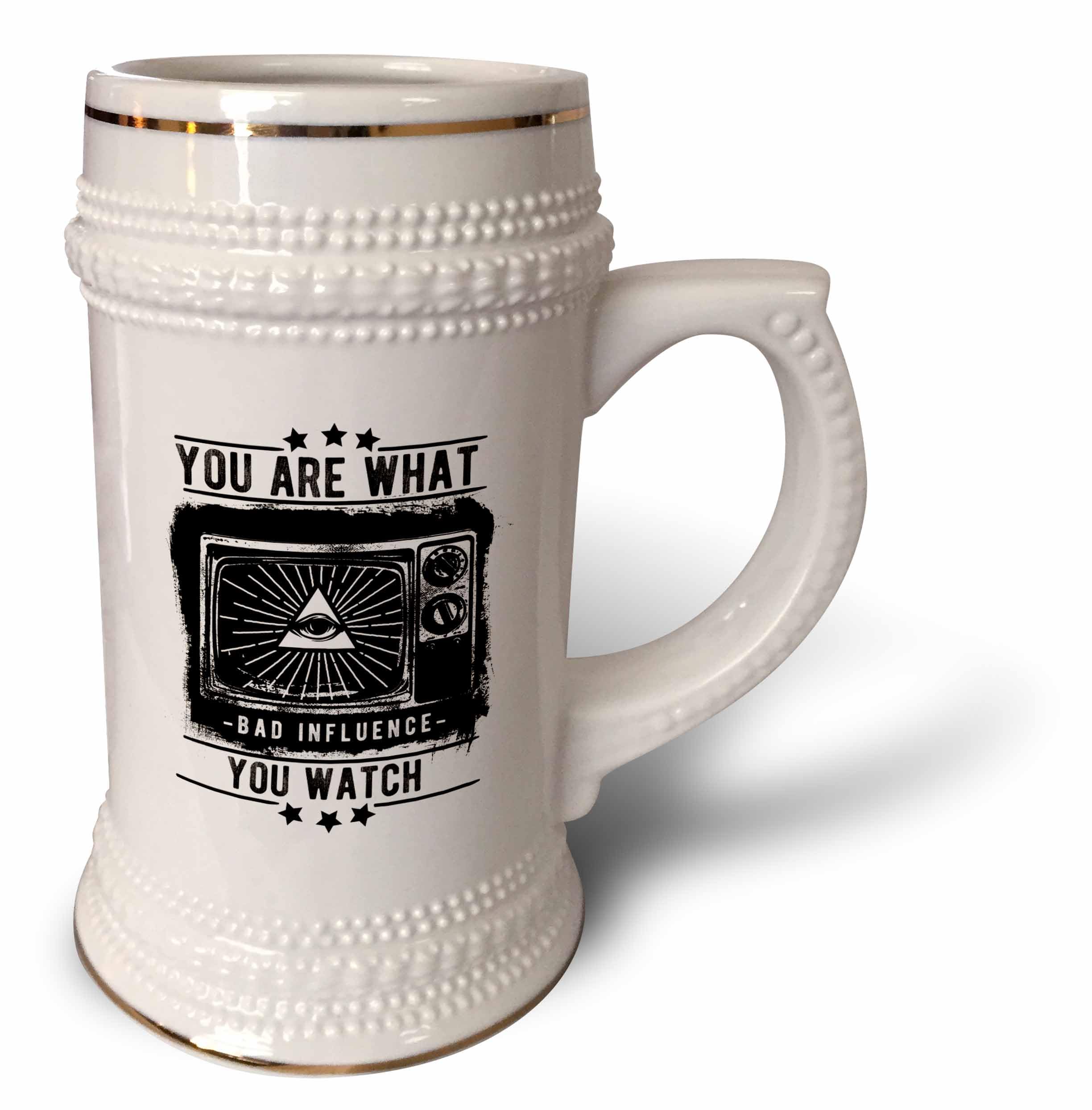 3dRose Tasse mit Aufschrift are what you watch Bad Influence TV, Schwarz und Weiß, Auge der Vorsehung, Steinbecher, 530 ml (stn_254437_1), Keramik