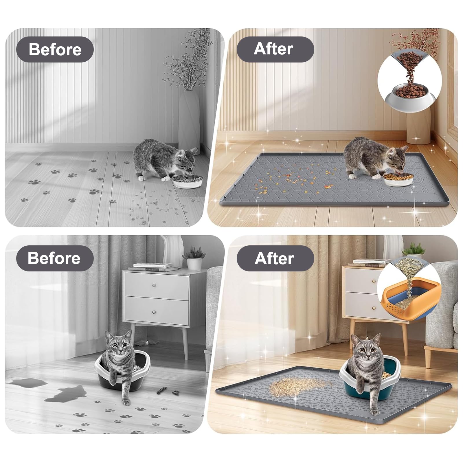 Tappetino per lettiera per gatti grande, 86 x 56 cm, in silicone, impermeabile, con bordo rialzato, rivestimento anti-traccia, per pavimenti duri, facile da pulire, grigio