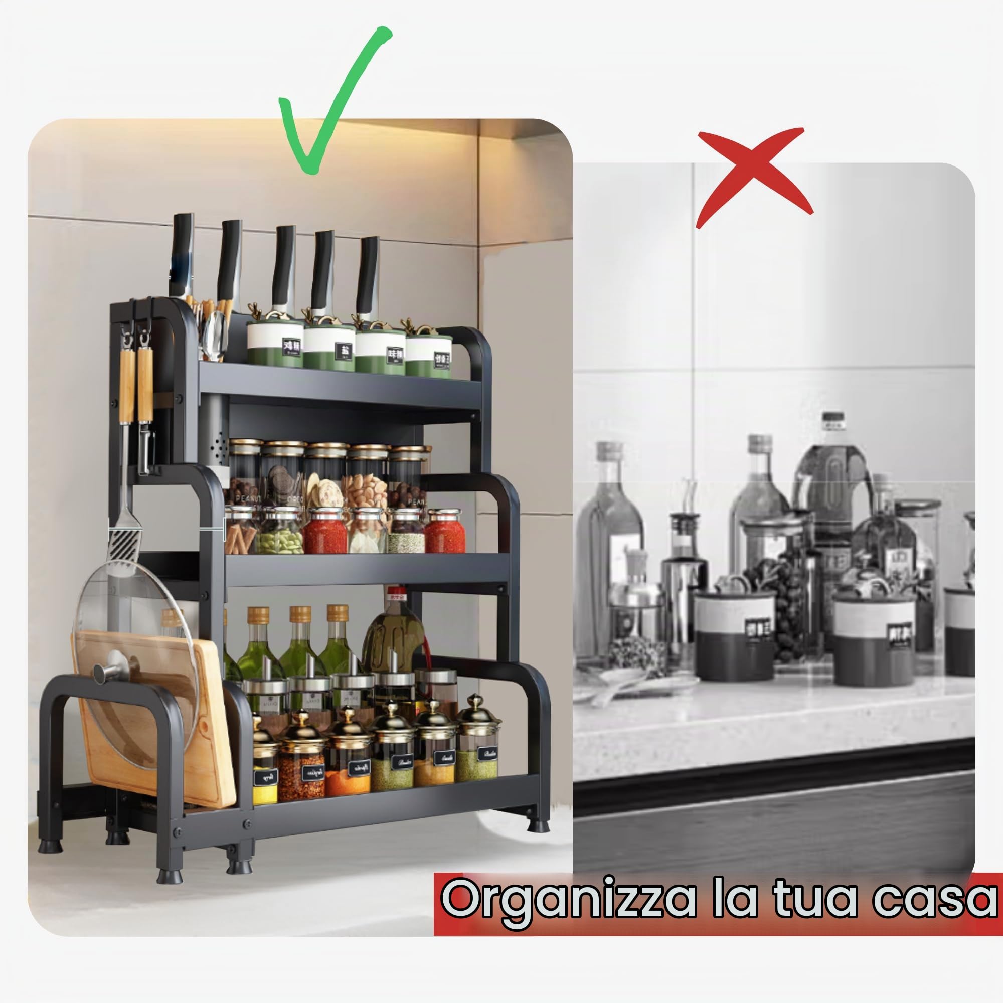 MAGIC SELECT 𝗢𝗿𝗴𝗮𝗻𝗶𝘇𝘇𝗮𝘁𝗼𝗿𝗲 𝗱𝗶 𝗦𝗽𝗲𝘇𝗶𝗲, Portaspezie da Cucina a 3 Livelli, Portacondimenti per Conservare Barattoli, Erbe e Stoviglie per la Dispensa, Acciaio al Carbonio.