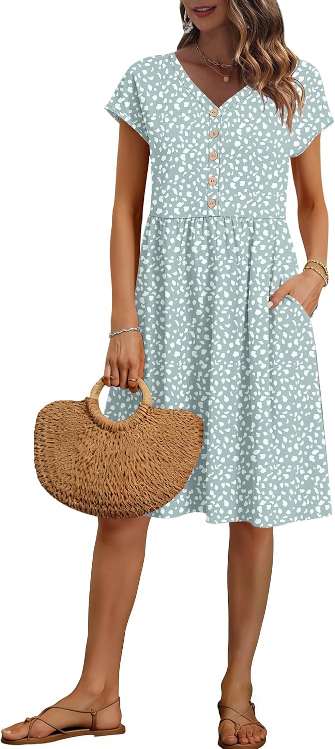 AUSELILY Women's Summer Short Sleeve Knee-Length Dresses V Neck Loose Causal Empire Dress with Pockets 2026 New