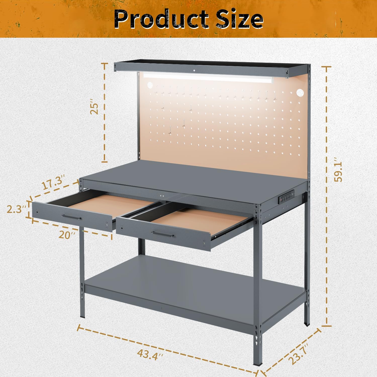 Work Bench, Workbench with Power Outlets and Light, A3 Steel Work Table with Drawers, Pegboard, 600LBS Capacity Garage Workbench, Heavy Duty Work Benches for Garage Workshop, Basement, Tool Table