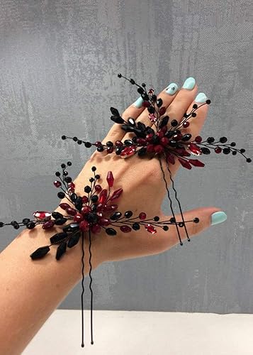 Miniatura 3 de Kercisbeauty Juego de 2 horquillas rojas para el cabello para mujer, accesorios barrocos negros para el cabello, fiesta temática de graduación,
