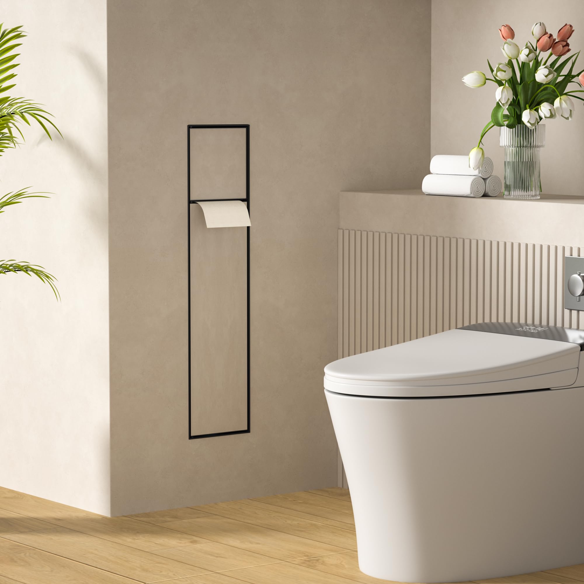 Edelstahl Unterputz Toilettenpapierhalter, Klopapierhalter mit Aufbewahrung Bietet Platz für Neue Rollen/Klobürstengarnitur, WC Papier Halterung für Toilette, 63×15×15cm, Schwarz