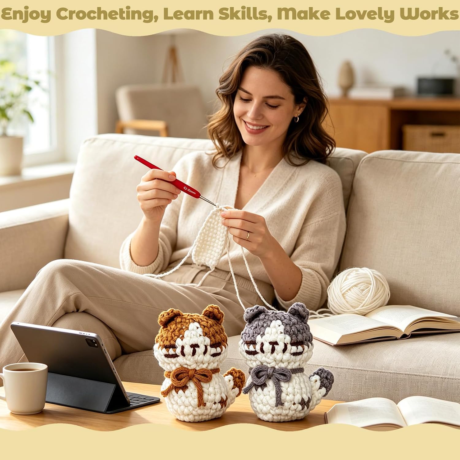 JueRum Cat Crochet Kit for Beginners – Step-by-Step Video Tutorials for Every Round, 40% Extra Easy Yarn, Complete Amigurumi Starter Kit for Adults & Teens, Perfect Beginner Crochet Gift
