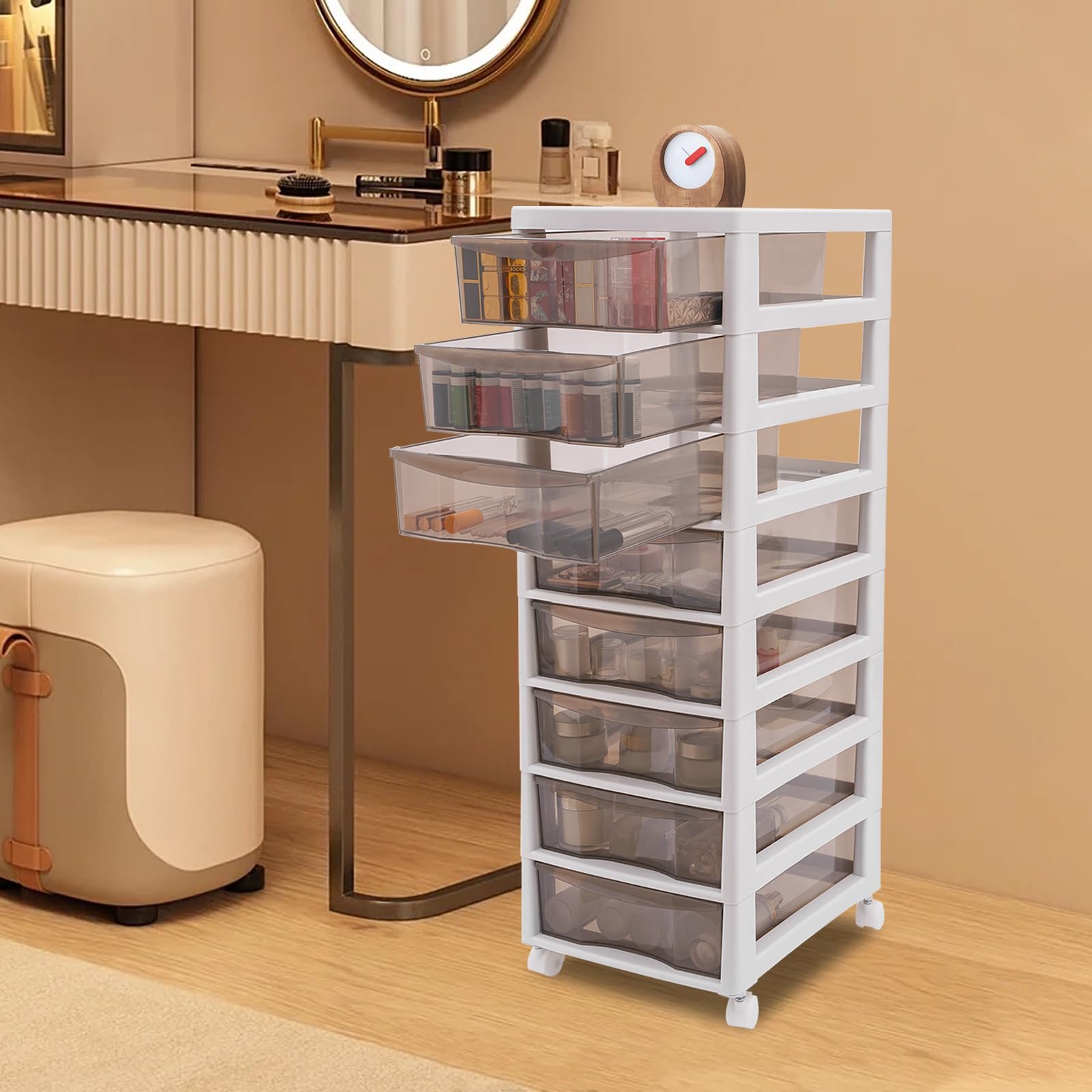 Cassettiera Salvaspazio 8 Cassetti Trasparenti, Carrello Organizer in PP con 4 Ruote, Mobile Portaoggetti per Bagno e Camera, Struttura Robusta, Multiuso e Capiente, Khaki
