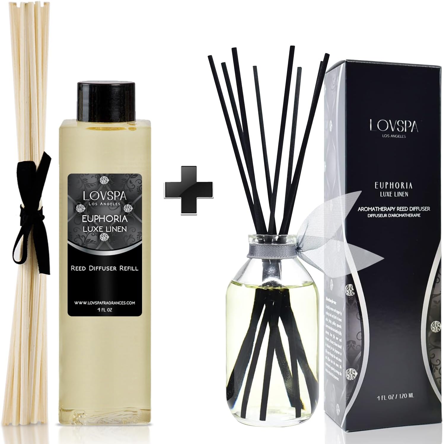 LOVSPA Euphoria Luxe Linen Reed Diffuser Refill, 4 oz, Bundle with Euphoria Luxe Linen Reed Diffuser Set - Made with Essential Oils in The USA