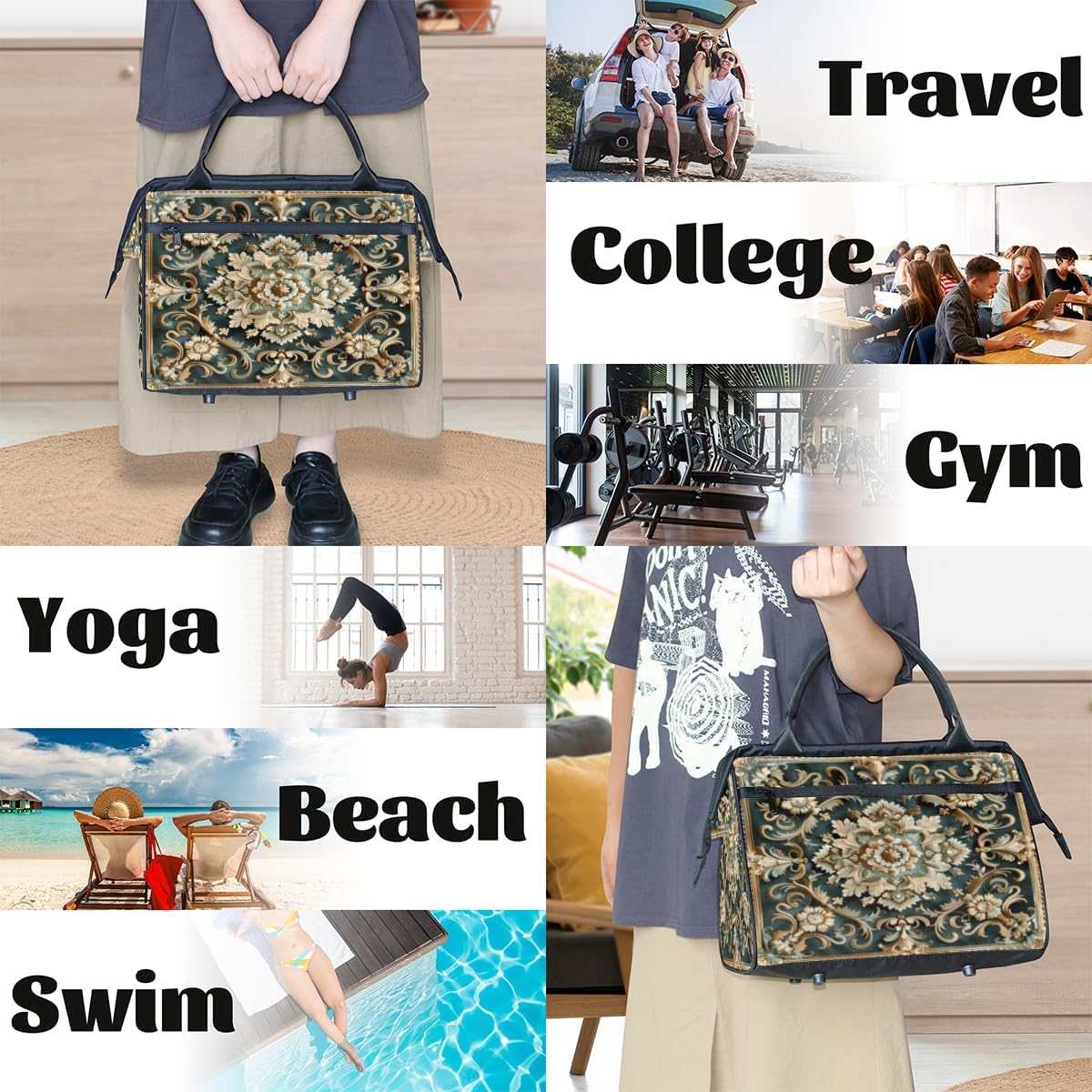 Duffel Bags for Women Men, Travel Duffel Bag with Trolley Sleeve, Waterproof Sports Weekender Overnight Carry On Tote Bag for Gym Travel Sport, Tile Flowers Ornament - Image 7