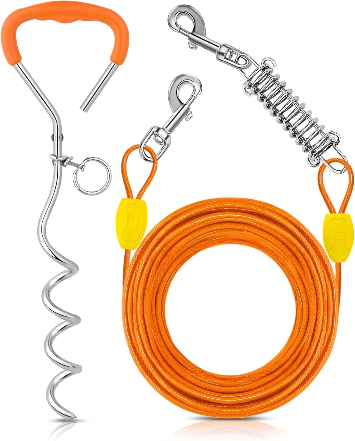 Petbobi Dog Tie-Out Cable and Stake - 50ft Heavy Duty Cable with Spring, No Tangle, 16in Ground Stake, Ideal for Yard, Camping and Beach, Suitable for Small Medium Large Dogs Up to 120 lbs, Orange 50 ft / 120 lbs Orange