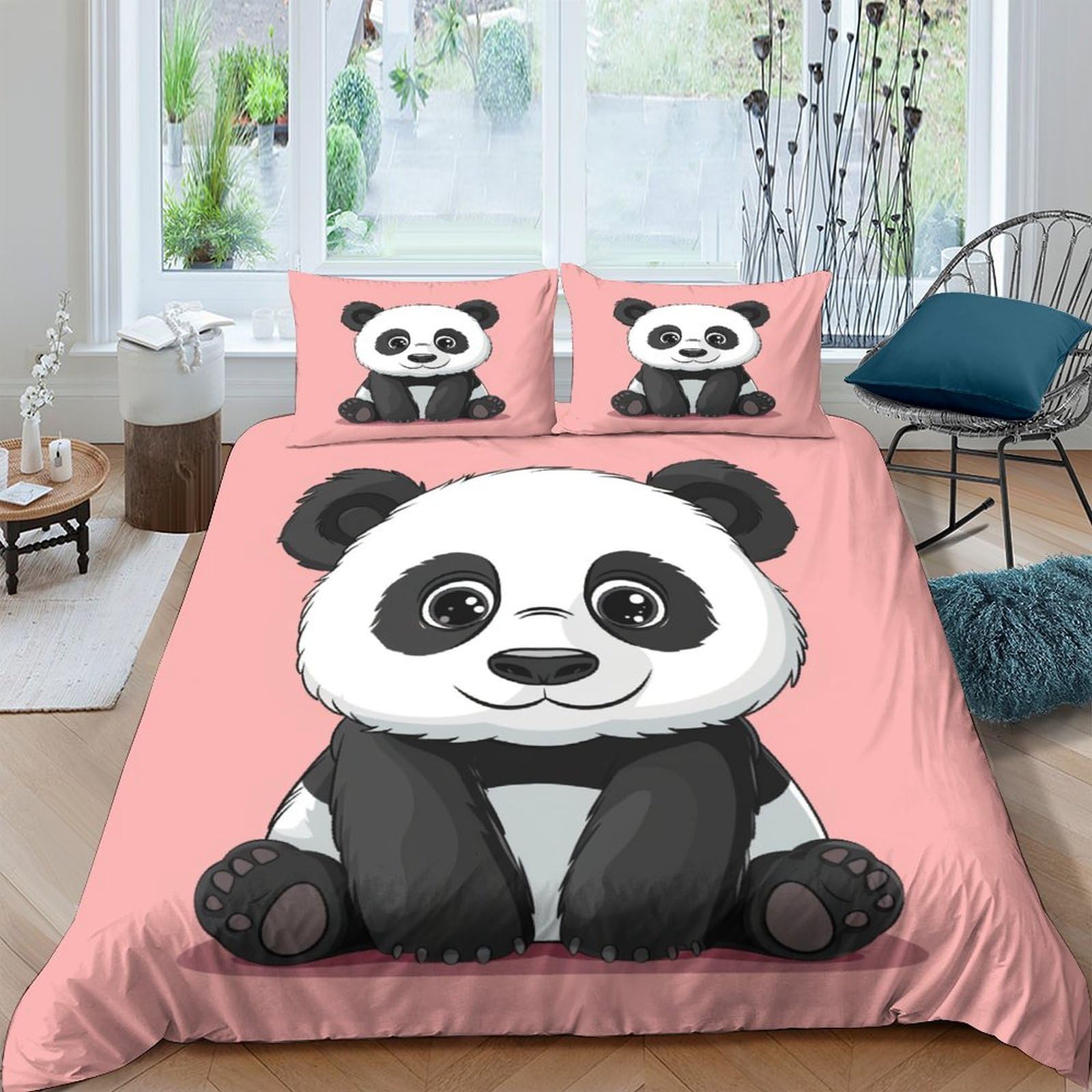 Housse de couette panda pour lit double créant une ambiance douce dans la chambre des filles