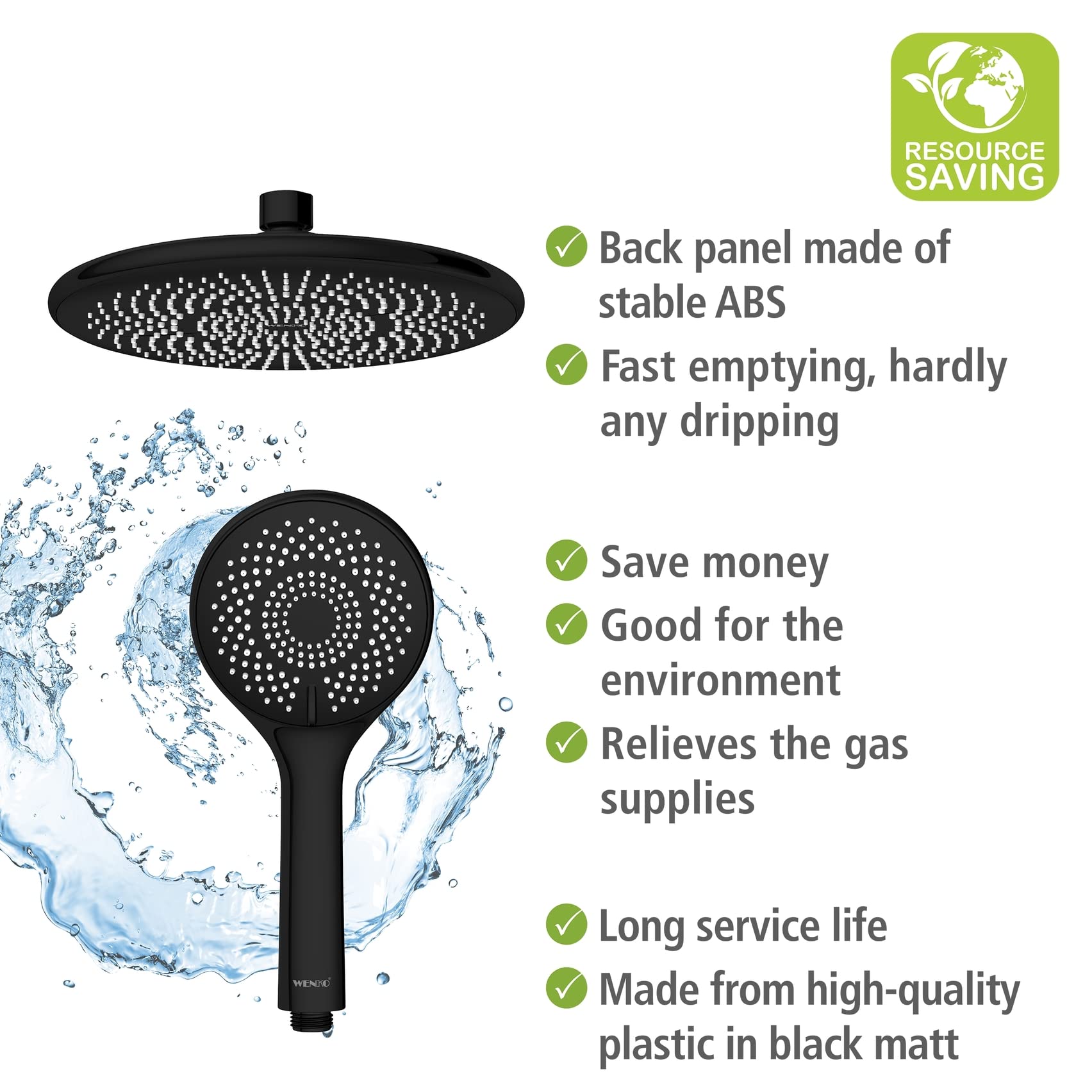 WENKO System prysznicowy Watersaving, drążek prysznicowy ze stali nierdzewnej z deszczownicą i słuchawką, łatwe podłączenie do istniejących armatur, regulacja wysokości (75-120 cm), kolor czarny