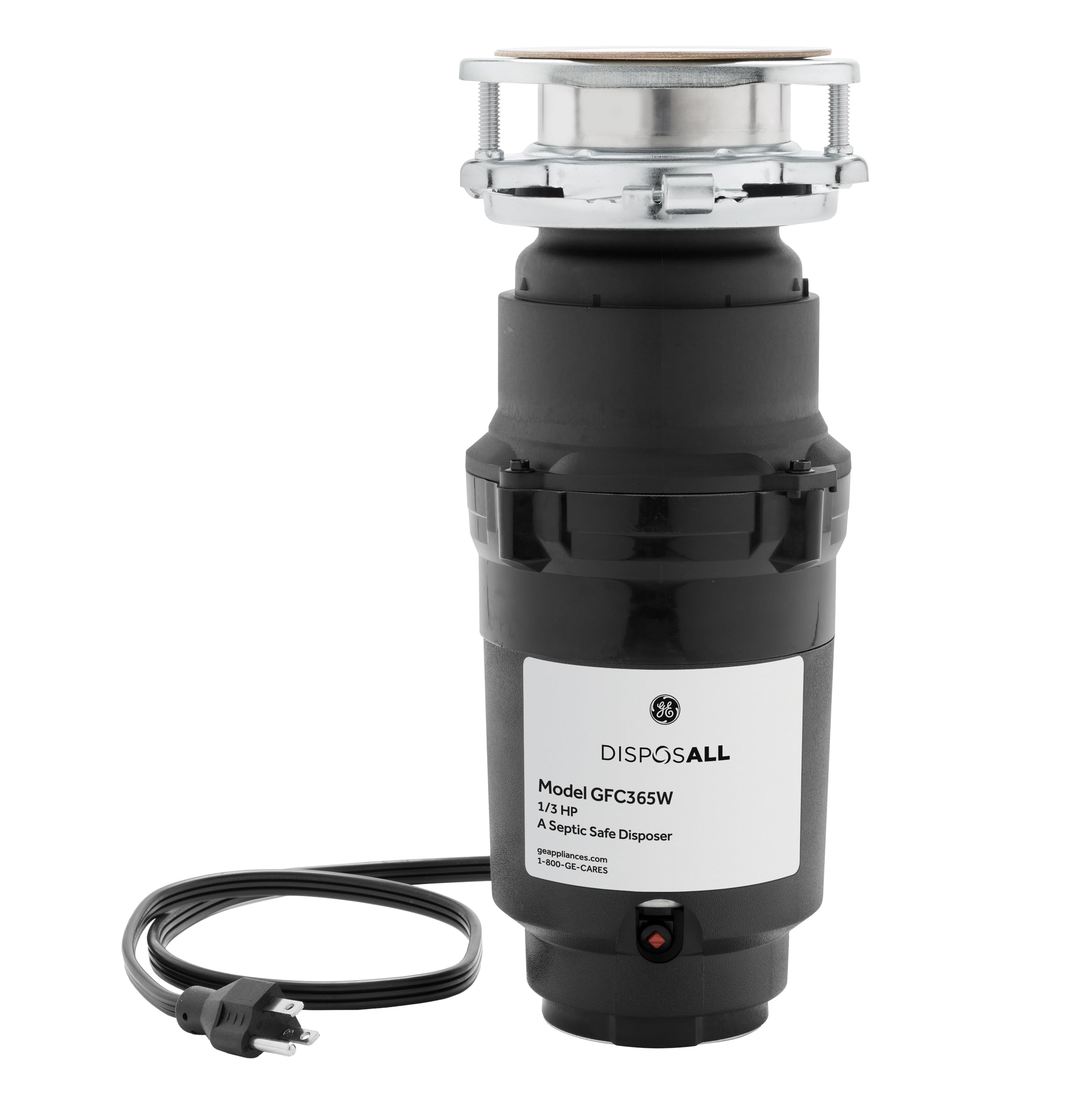 GE Disposall Continuous Feed 1/3 HP Motor Garbage Disposer, Good for Grinding: Cooked Pasta & Fruit Peels, Universal 3 Bolt Install & Power Cord Included, Recommended for 1-2 Person Homes, GFC365W | Continuous Feed, Jam Resistant Technology, Quiet Motor, Easy Install, Anti-Clog Drain Boost, 7-Year Limited Warranty