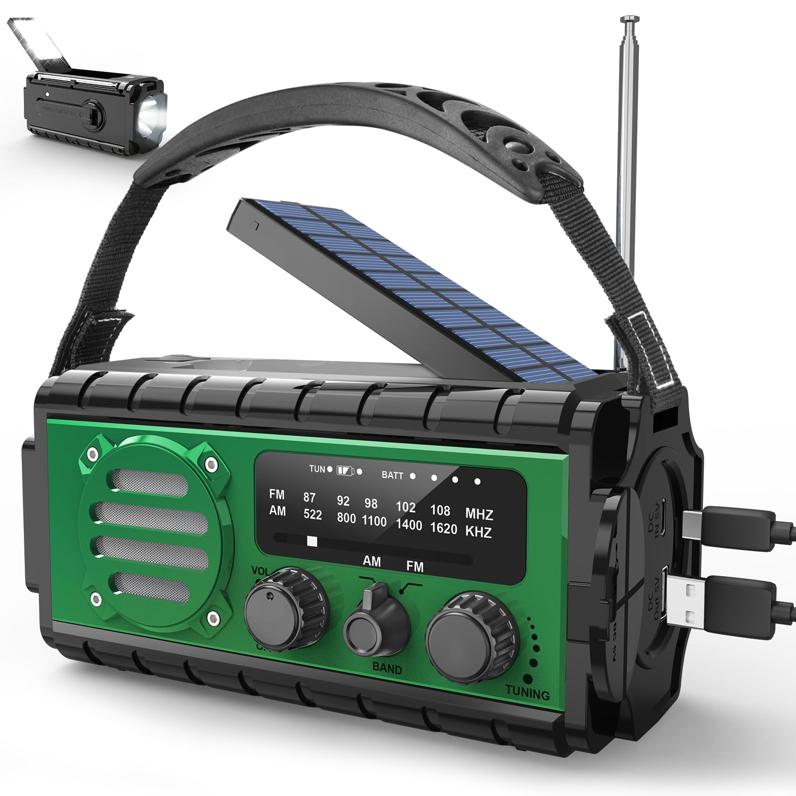 MILFECH 20000 mAh Solar Radio, AM/FM Crank Radio, Portable Dynamo Weather Emergency Radio, LED Torch & Reading Light, Type-C Charging, SOS Alarm, IPX6 for Camping Outdoor (Green)-picture-17