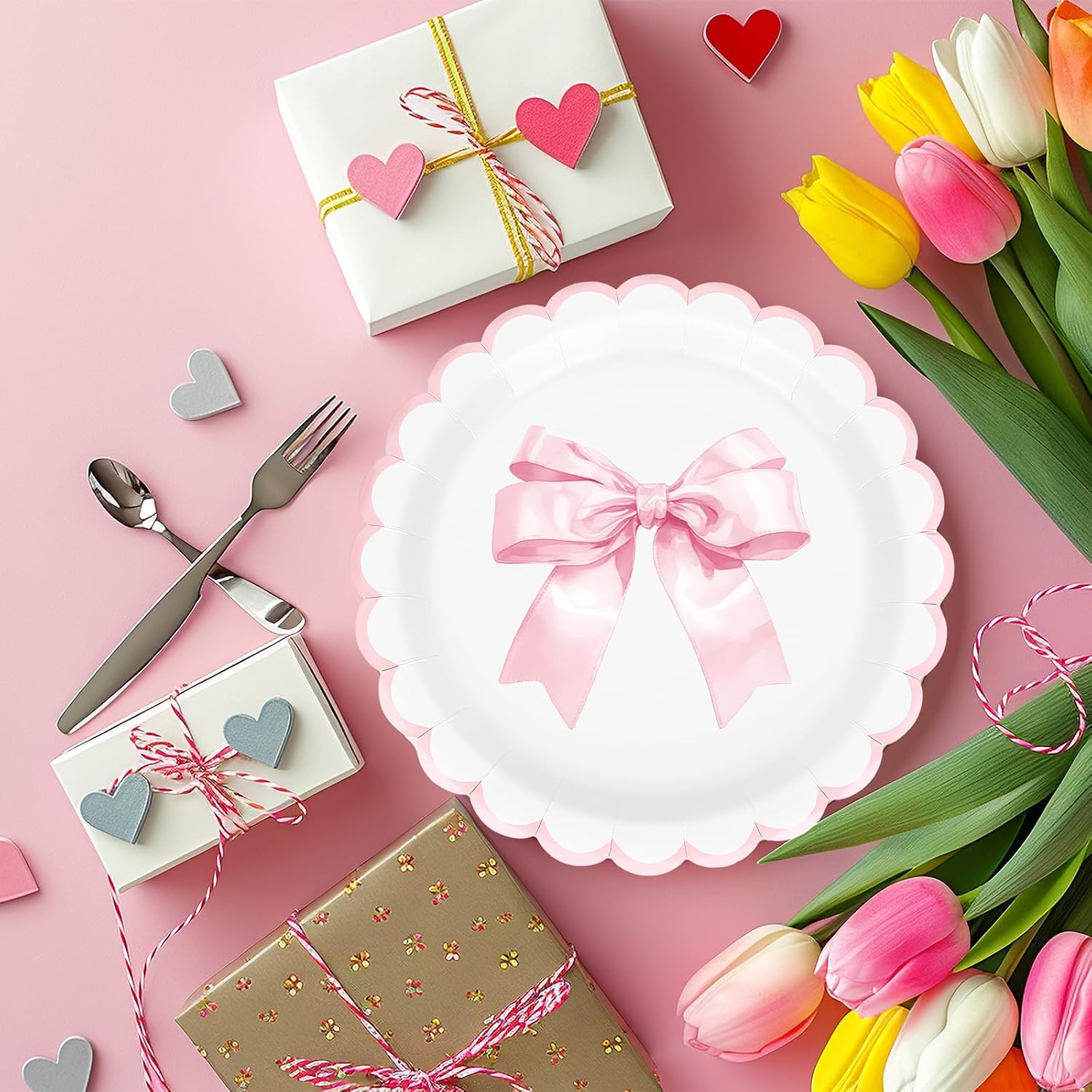 FYSUIMU 40 Pcs Pink Bow Paper Plates Bowknot Coquette Disposable Plates 9 Inch Scalloped Party Tableware for Birthday Baby Shower Bachelorette Table Decor Supplies
