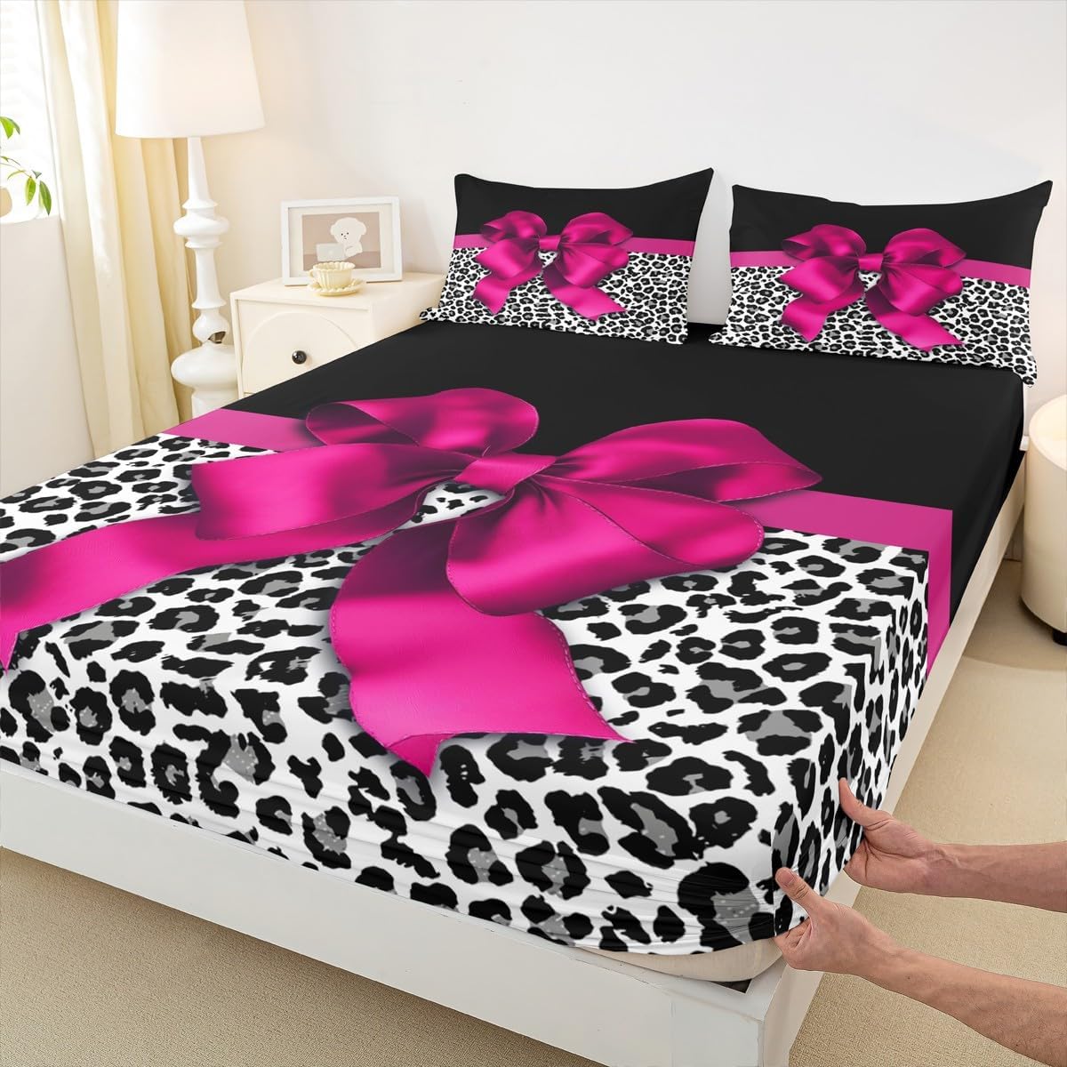 Homewish Pink Bow Fitted Sheet Twin Size,Leopard Bedding Set 2pcs for Kids Teens Boys Girls Room Decor,Animal Theme Bed Cover Luxury Black Bed Sheet Set with 1 Pillowcase
