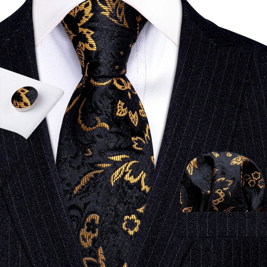 Corbata de Seda Negra con Flores Doradas para Hombre, Regalo de Boda, Corbata de diseñador, pañuelo y Gemelos, Conjunto de Novio de Negocios