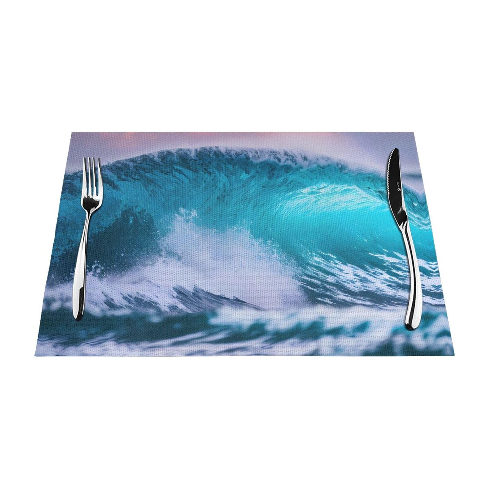 Placemats Set of 6,Table Mats Washable Placemat Decoration, Blue Ocean Wave Print