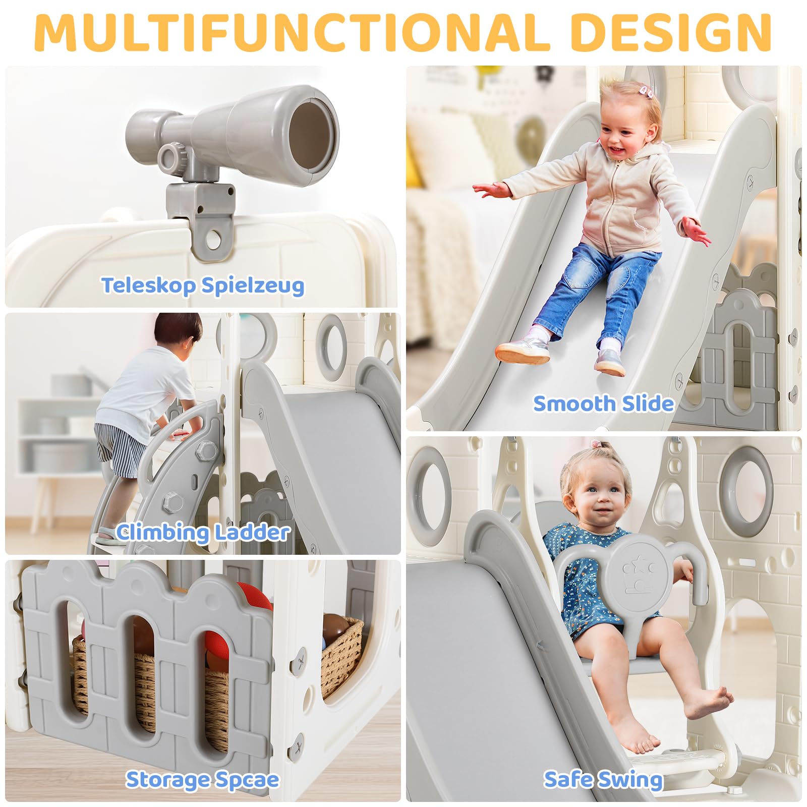 Toboggan et Balançoire, Toboggans Enfant, 5 en 1 Toboggan Bebe avec Balançoire,Télescope, Espace de Rangement, Escaliers, Aire de Jeux Intérieure et Extérieure, Gris Blanc, Module 2PCS