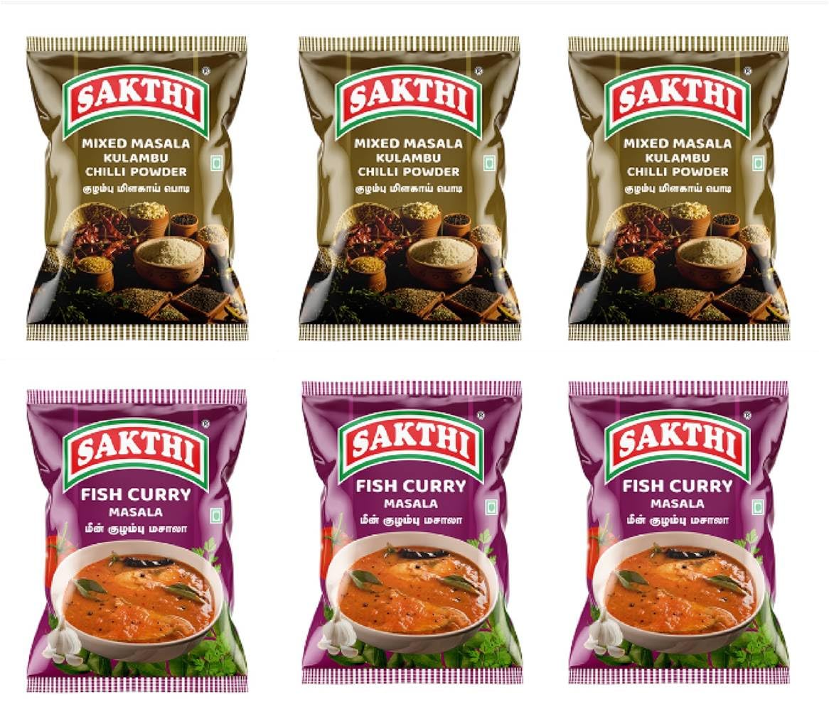 SAKTHI Mixed Masala Kulambu Chilli Powder 50 g (3 Pack) | SAKTHI Fish Curry Masala 50 g (3 Pack) | Pack of 6 | Total 300 g | The Premium Spices | India's Largest Selling Masala Products