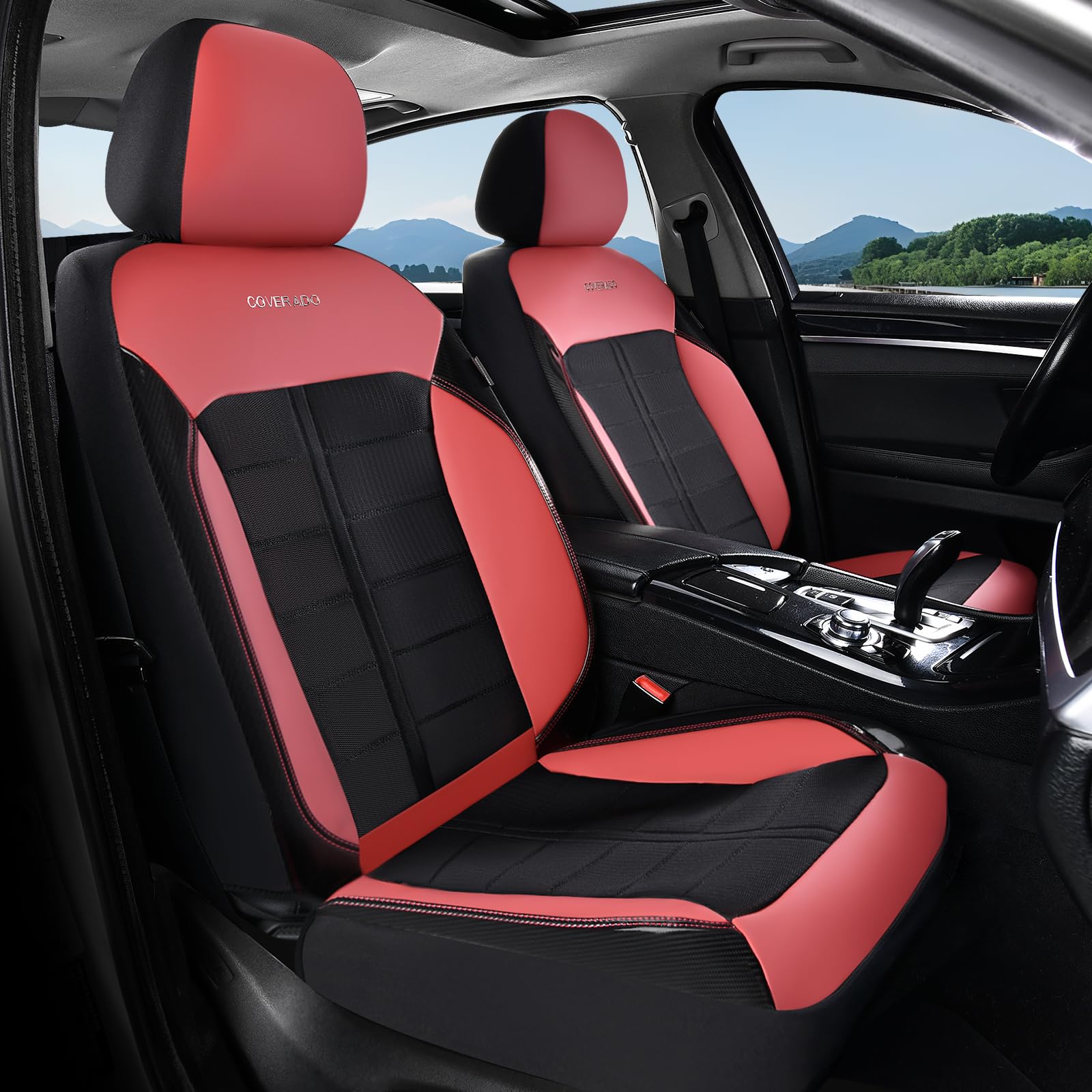 Coverado Seat Cover, Car Seat Cover Front Seats, 3D Air Mesh Breathable Seat Protectors Sports Carbon Fiber Design Airbag Compatible Comfort Universal for Most Cars, Van,Trucks, SUV, Black&amp;Wine