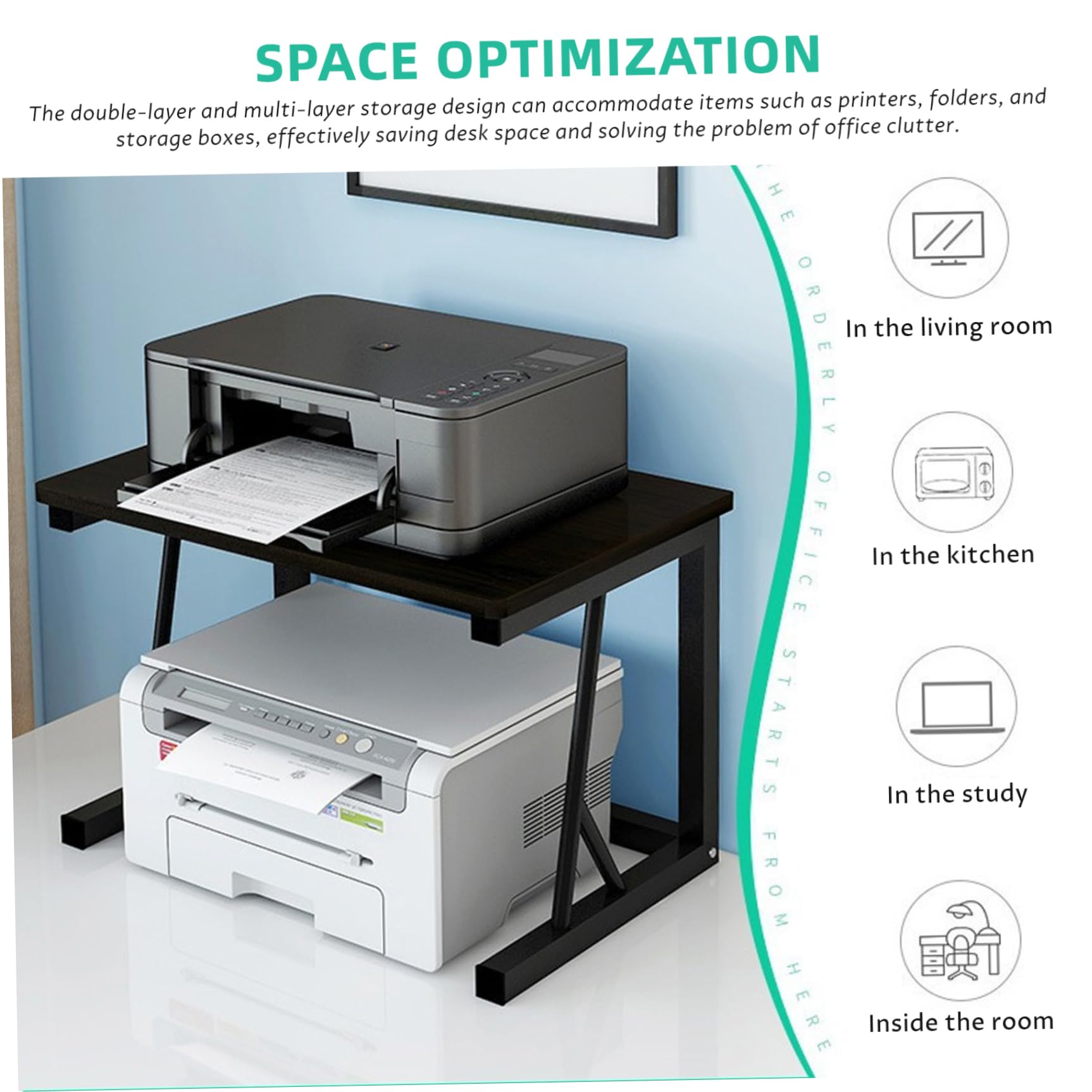 Soporte para impresora de 2 niveles para escritorio, estante de escritorio con marco de acero resistente, organizador de ahorro de espacio para oficina y hogar, almacenamiento debajo del monitor