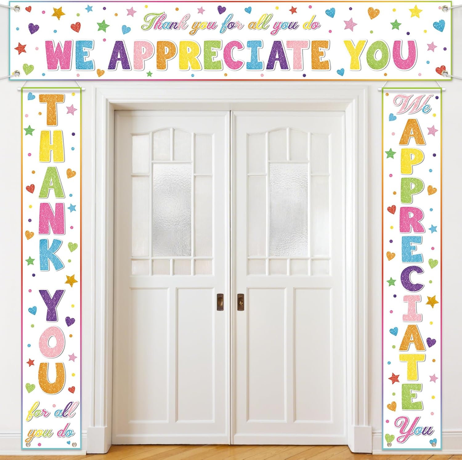Tingjoo 3 Pcs Appreciation Banner We Appreciate You Door Porch Decor for Teacher Nurse Staff Coworker Administrative Professionals Day Employee Thank You Party Backdrop Supply(Glitter,Colorful)