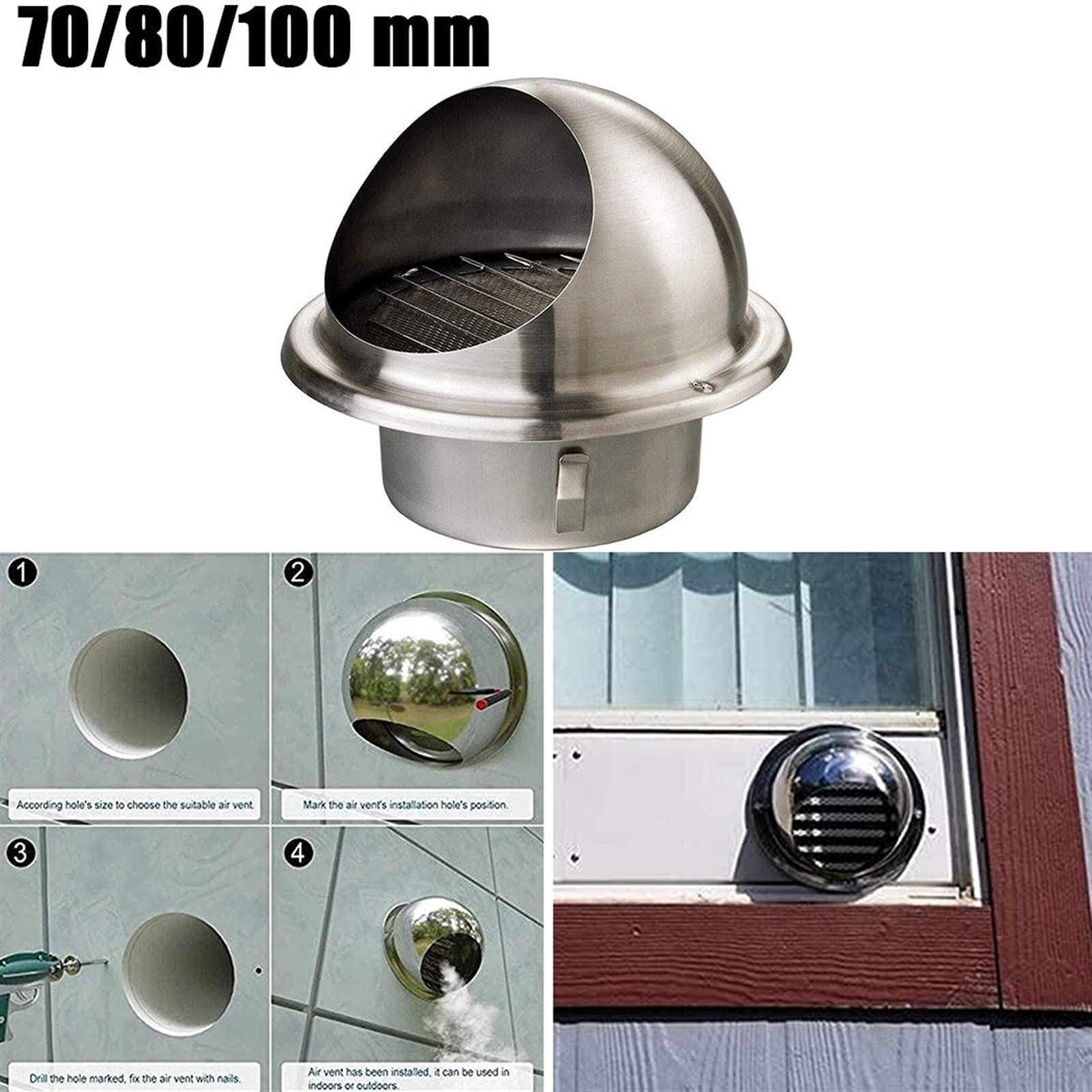 Kratka wentylacyjna ze stali nierdzewnej | Srebrny 70/80/100 mm: Do ściennego, sufitowego nawiewnika wentylacyjnego Rura wentylatora wyciągowego HVAC(70MM)