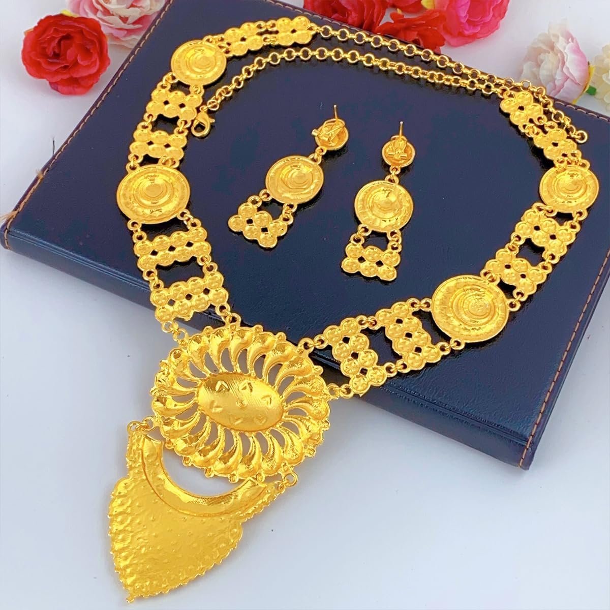 Dubai Indian Necklace Earrings Big Pendant Jewelry Set For Women 24K Gold Plated Nigeria African Bridal Wedding Party Jewellery Gifts - Image 4