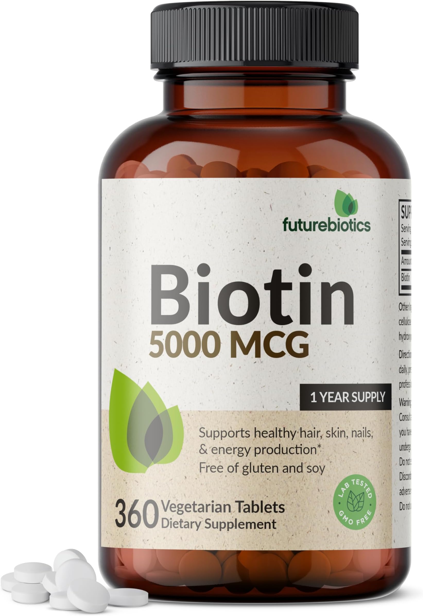 Futurebiotics Biotin 5000 MCG Supports Healthy Hair, Skin, Nails & Energy Production Non-GMO, 360 Vegetarian Tablets