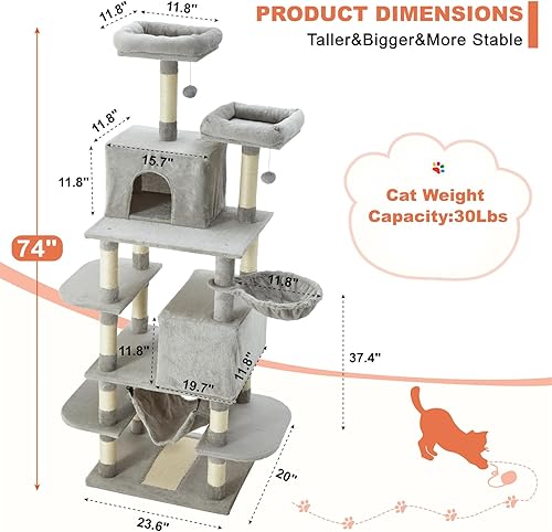 Miniatura 3 de MDEAM Cat Tree - Torre grande de varios niveles para gatos de 74 pulgadas con 16 postes rascadores de sisal, 2 cuevas, 2 perchas, hamaca, tabla de