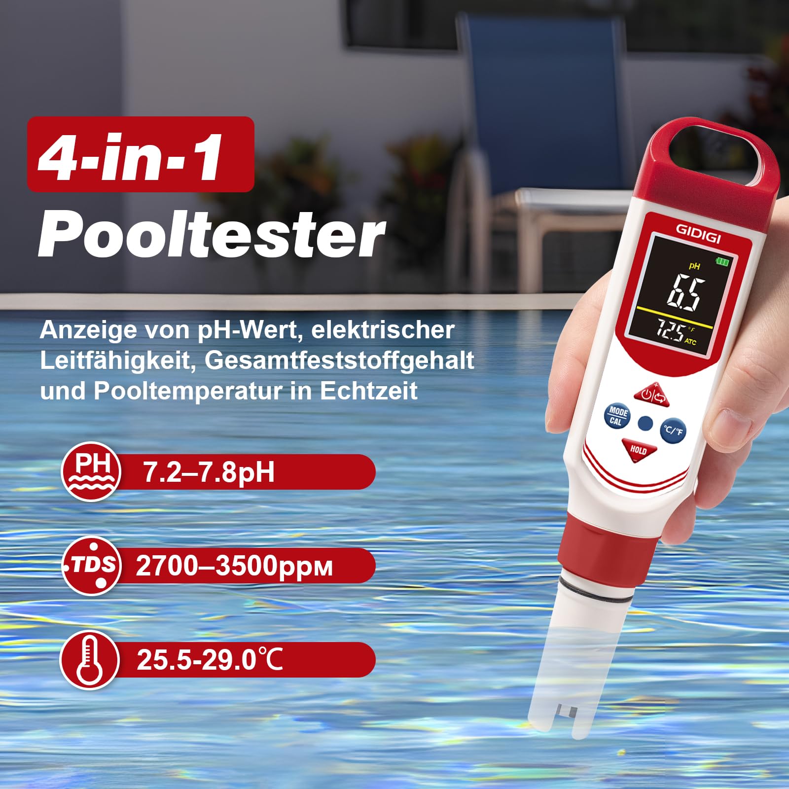 pH EC Messgerät für Hydrokultur, Digitales pH, TDS, EC, ppm Messgerät mit Farbdisplay, Hochpräzise pH Stiftsonde für Trinkwasser, Nährlösungen, Aquarien, Pools und den Hausgebrauch