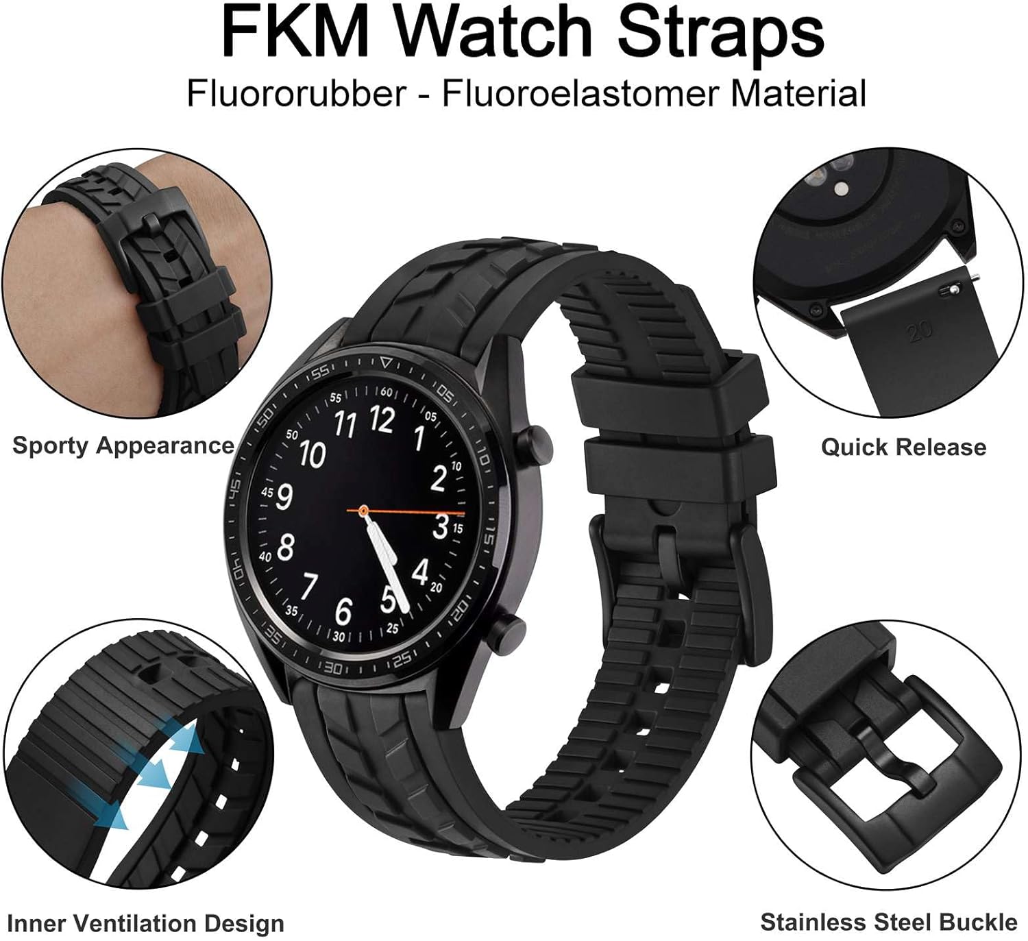 WOCCI Watch Bands, FKM Rubber (Not Silicone), Replacement Straps for Men and Women, Quick Release, Compatible Watch Lug Width 20mm 22mm - Image 4