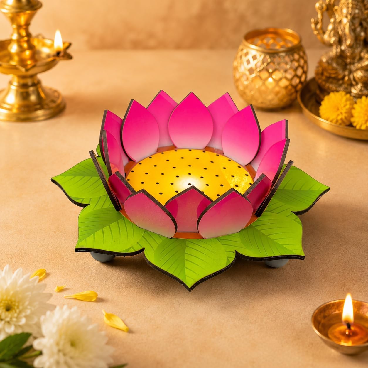 MDF Lotus Diya Stand & Mandir Platform | Home Temple Puja Aarti Décor | Compact, Lightweight-picture-12