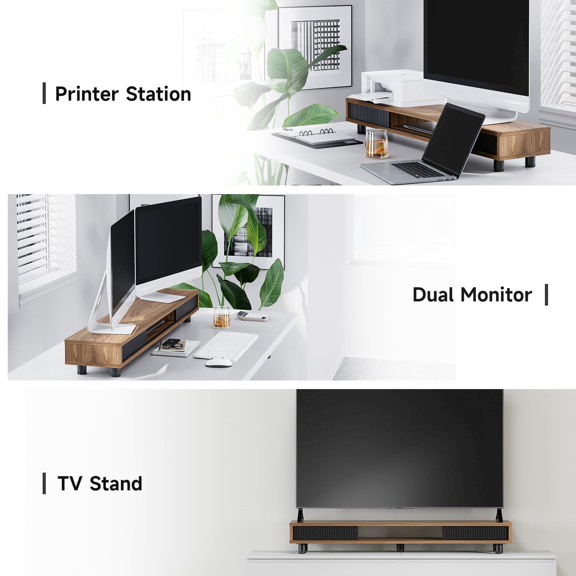 Fenge Monitorständer mit 2 Glas-Schiebetür,Höhenverstellbarer,Braun | Dual Monitorständer,bildschirmerhöhung 2 monitore,schreibtischregal,108x23.5x(15.2-16.7)cm,Tragfähigkeit 50KG