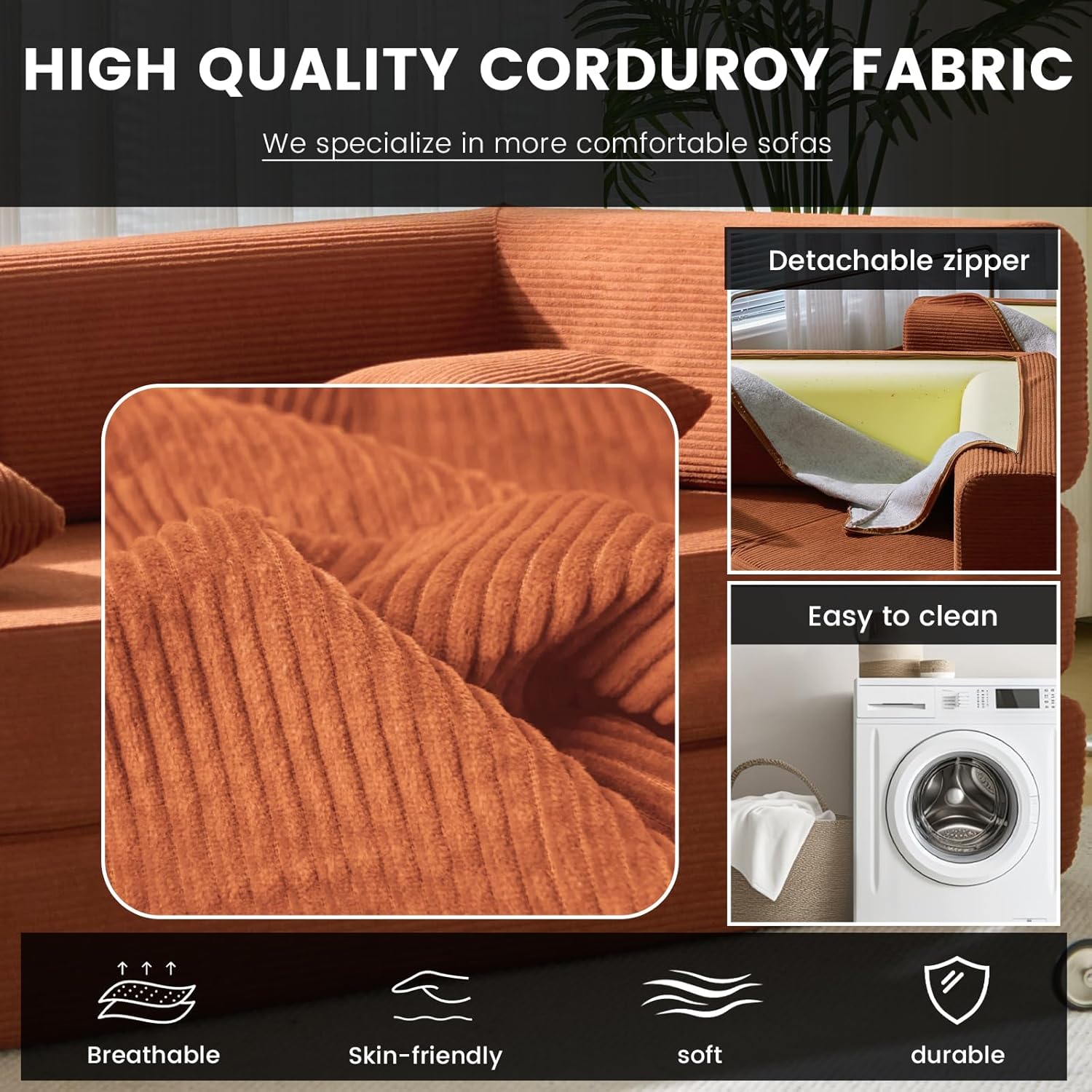 Convertible Sleeper Sofa Bed Corduroy Upholstered Modular Floor Couch Queen/King Size Foldable Futon with futon Memory Foam for Apartment Living Room Bedroom Floor (Orange, 80.15") | Convertible sofa bed
