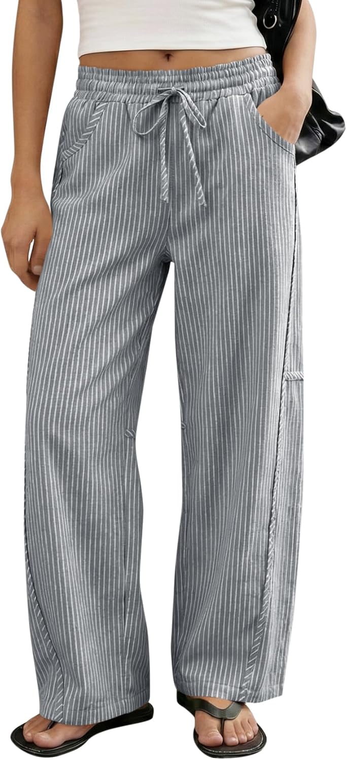 Cicy Bell Womens Wide Leg Striped Pants High Waisted Baggy Casual Barrel Drawstring Lounge Trousers with Pockets