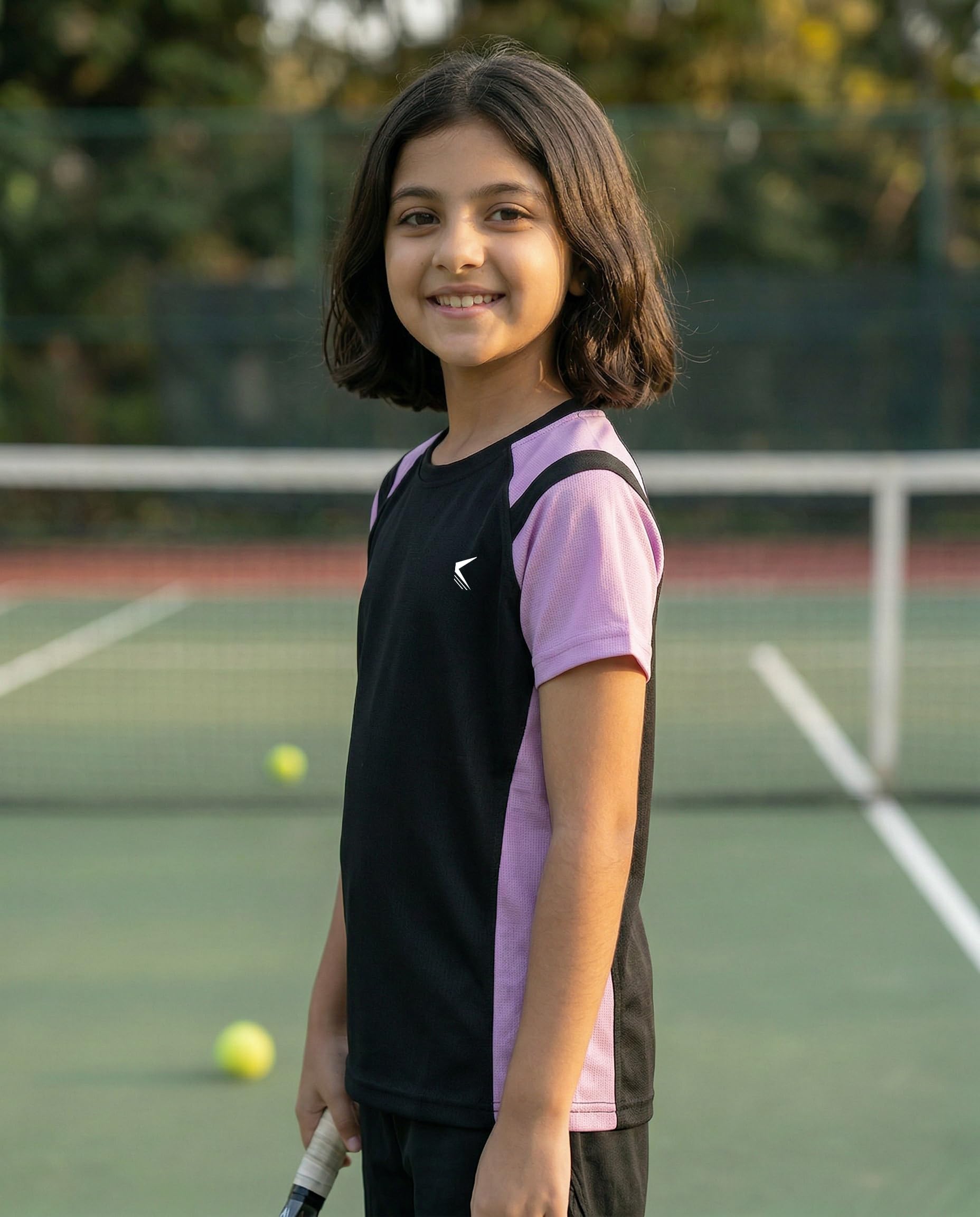 TRAINIKS Sports T-Shirt β Round Neck Half Sleeve Solid Gym & Activewear Tee, Lightweight Breathable Quick-Dry Athletic T-Shirt for Kids Girls Black 5-6Y 1
