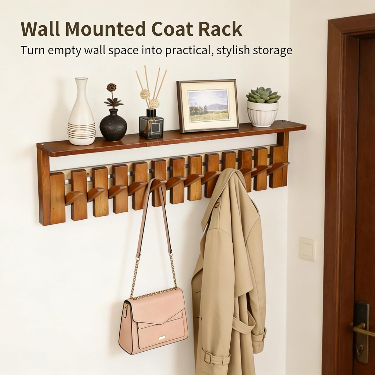 Wall Mounted Coat Rack, 12-Hook Solid Wood Piano Key Hanger with Flip-Down Design, Space-Saving Organizer for Coats, Hats, Bags, Ideal for Entryway, Kitchen, Bedroom & Bathroom