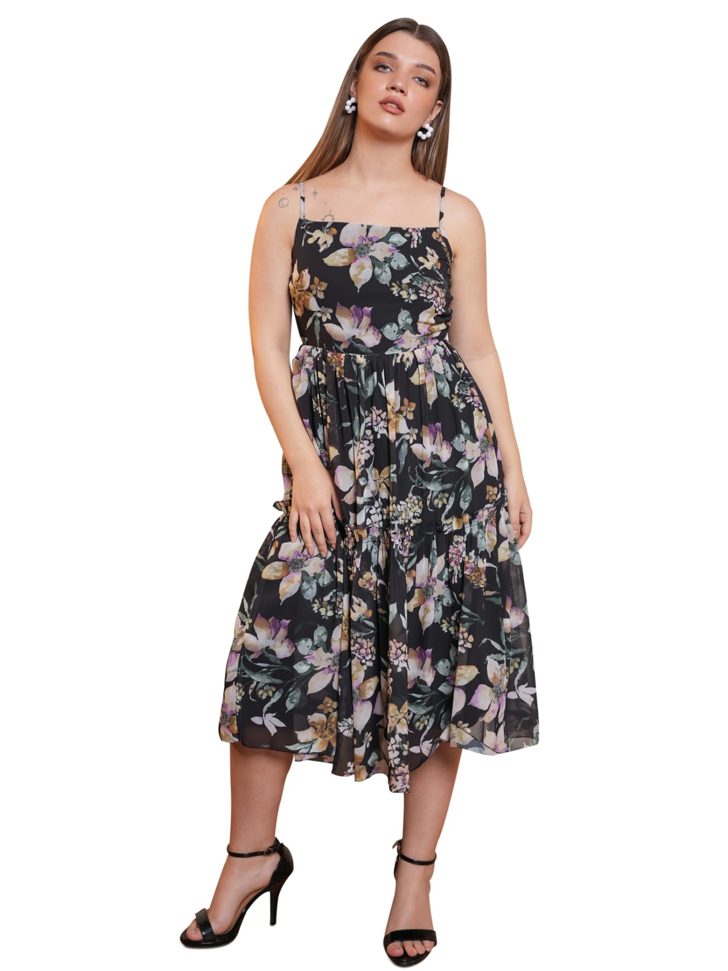 Purvaja Womens Fit & Flare Below Knee Length Dress (Floe-006_Black_Small)