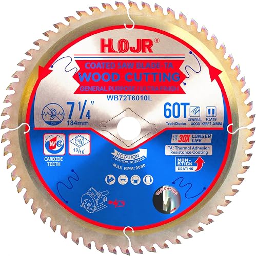 Finishing Saw Blade, 7-1/4 inch Diameter, for Smooth Cross-Cutting of softwood and Plywood, with a Special Heat-Resistant Coating on the Cutting Head Surface - TA 7-1/4 inch 60 Teeth TA