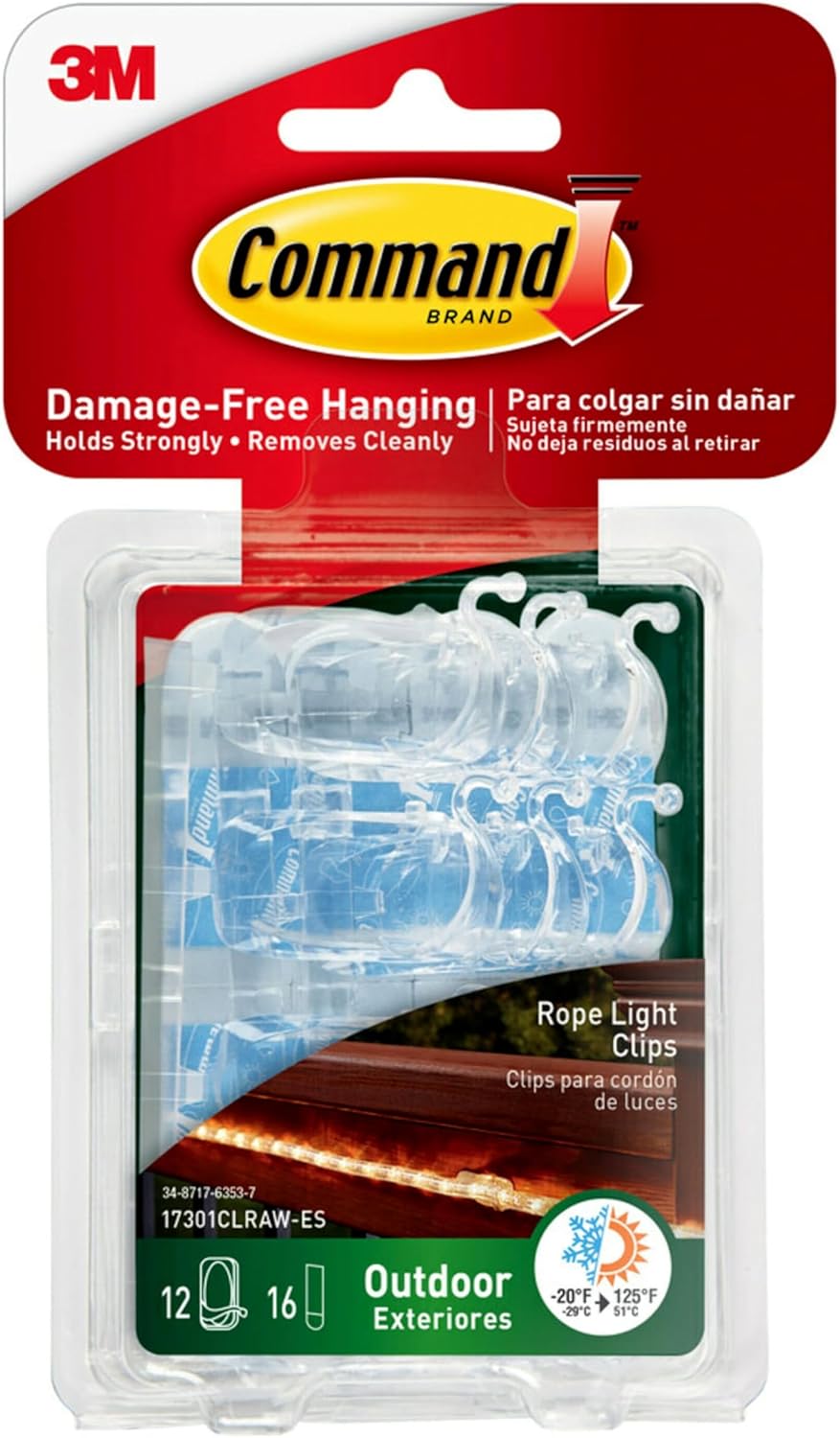 Command Outdoor Rope Light Clips, 12 Hooks and 16 Command Strips, Damage Free Hanging Christmas Decorations with Weather Resistant Strips, Wall Clips for Hanging Outdoor Lights and Cable Management Command Outdoor Rope Light Clips, 12 Hooks and 16 Command Strips, Damage Free Hanging Christmas Decorations with Weather Resistant Strips, Wall Clips for Hanging Outdoor Lights and Cable Management