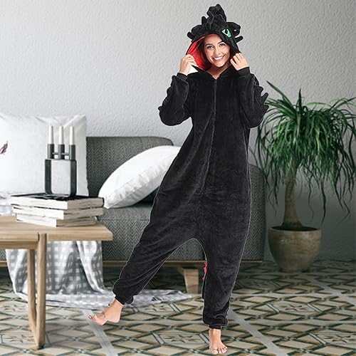 Miniatura 7 de Pijama sin dientes, disfraz de franela de tren de dragón de Navidad, disfraz de invierno de felpa, pijamas para cosplay, para familia, mujeres y