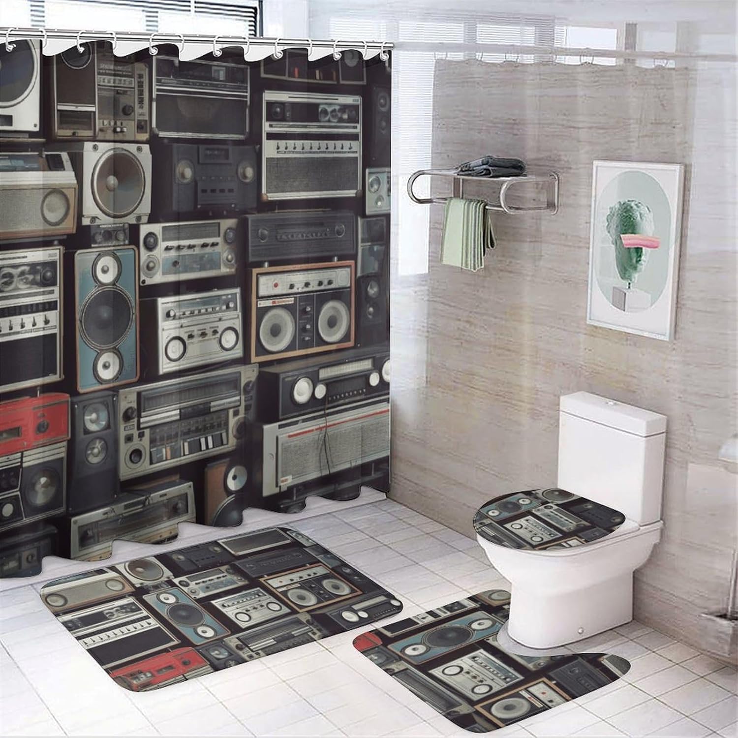 Vintage Radio Shower Curtain Set 4 Piece, Non-Slip Bath Mat with Toilet Lid Cover and Waterproof Shower Curtain with 12 Hooks, Complete Bathroom Set for Home Decor